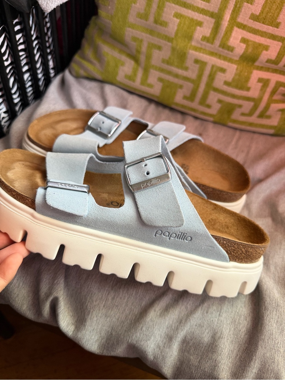 Papillio Pale Blue Suede Double-Buckle Platform Sandals